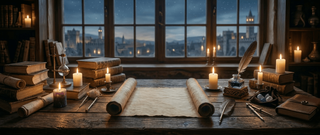 Ancient scroll on wooden table with glowing magical symbols hovering above