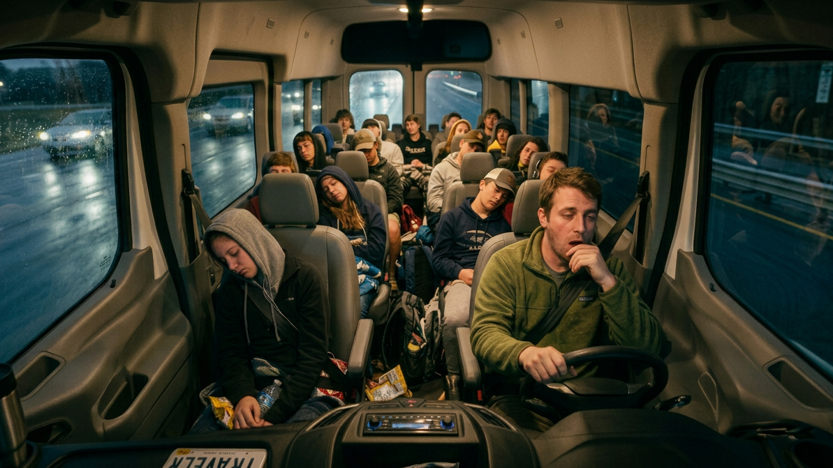 Young passengers and driver asleep or resting inside a bus at night