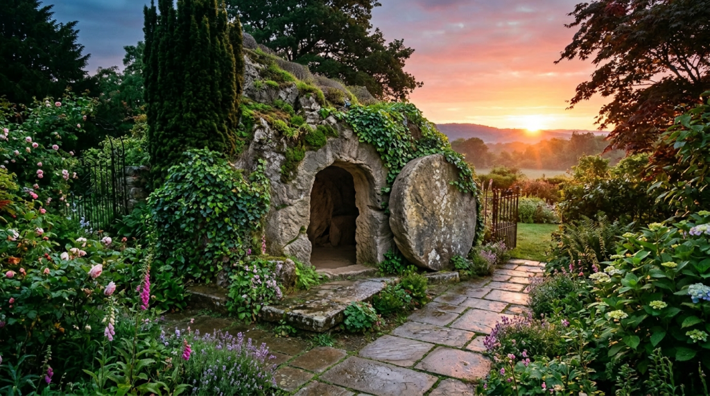 Stone tomb in lush garden with blooming flowers and sunrise in background