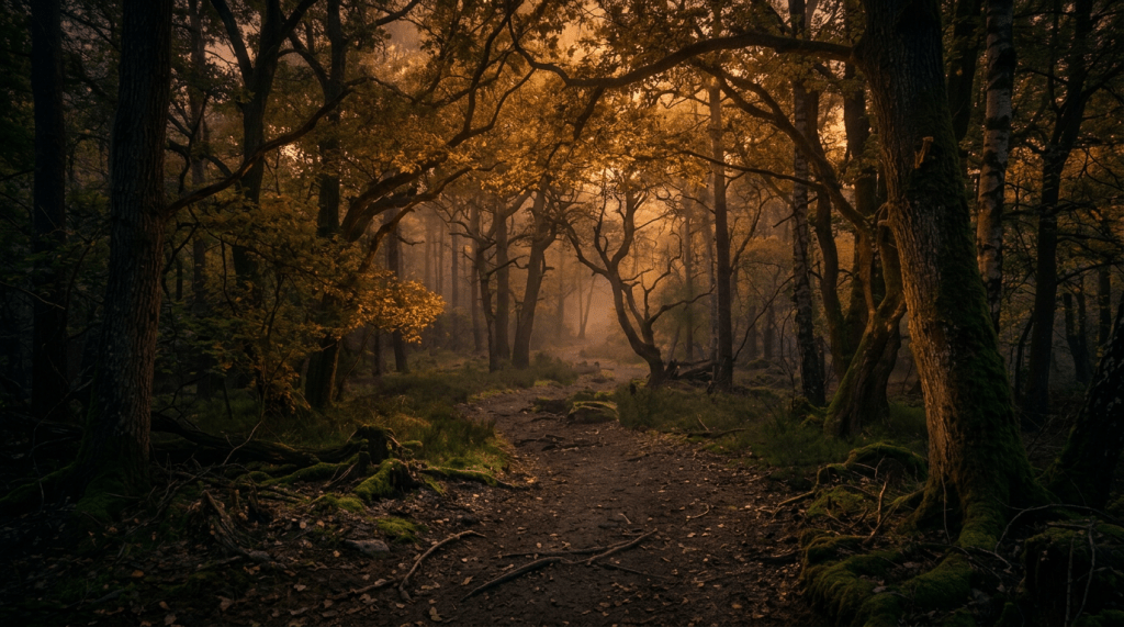 A winding glowing golden light trail through a dense forest with mossy trees