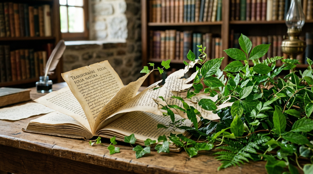 Open antique book with plant leaves intertwined with its pages on a wooden table